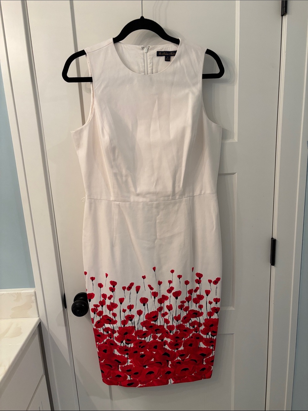 Brooks Brothers White Sleeveless Sheath Dress with Red Floral Hem